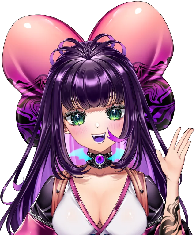 Sandrinas VTuber-Model: lila Haare, große pinke Schleife, winkt fröhlich